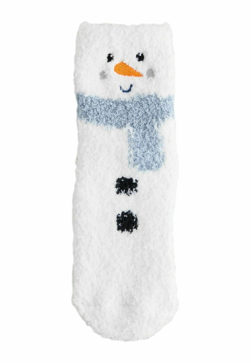 White fuzzy sock with a snowman design, featuring a blue scarf, orange carrot nose, black buttons, and stitched facial details.