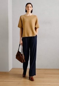 Cămașă scurtă bej, pantaloni navy cu dungi, poșetă maro și pantofi maro cu vârful ascuțit, pe un fundal gri deschis cu pardoseală din lemn.