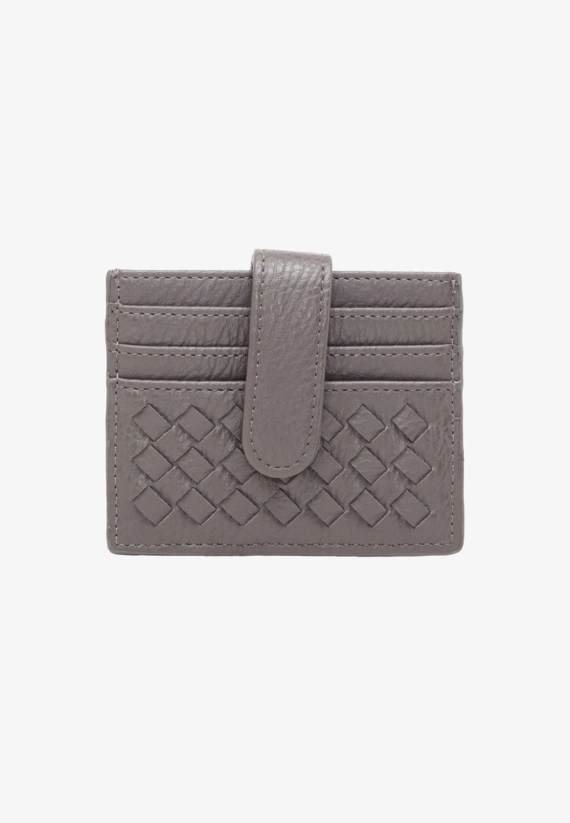 Gray leather cardholder with a textured woven pattern on the front, six card slots, and a snap closure. Smooth finish and rectangular shape.