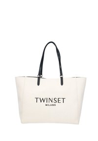 Krém színű vászontáska fekete bőr pántokkal; a „TWINSET MILANO” logó nyomata található az elején. Strukturált dizájn és nyitott tetejű.