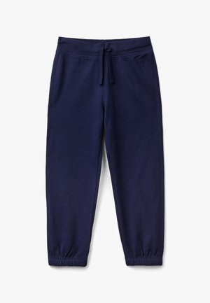 Dunkelblaue Sweatpants mit einem dehnbaren Bund, Kordelzug und elastischen Bündchen. Hergestellt aus weichem Stoff, mit einfachen Steppnähten.