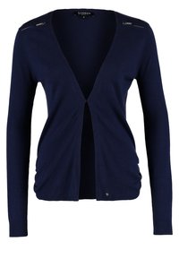 Cárdigan navy de manga larga, con escote en V y sutiles acentos metálicos en los hombros, que presenta una silueta ajustada y un dobladillo acanalado.