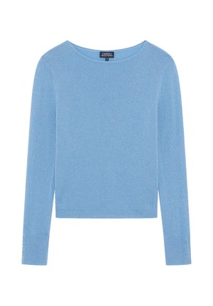 Jasnoniebieski sweter z długim rękawem, wykonany z miękkiej, teksturowanej tkaniny, z okrągłym dekoltem i guzikami na rękawach.