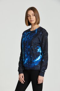 Black sweatshirt featuring a cosmic blue design with stars and swirling patterns, made from soft fabric, with long sleeves and a classic crew neckline.