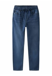 Tamsiai mėlynos spalvos džinsiniai sportiniai kelnės su elastine juosmens juosta ir raišteliu, šoninėmis kišenėmis ir tiesiomis kojų linijomis. Lygios tekstūros.