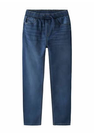 Denim joggingbroek in donkerblauw, uitgerust met een elastische tailleband met trekkoord, zijzakken en een rechte pijp. Soepele textuur.
