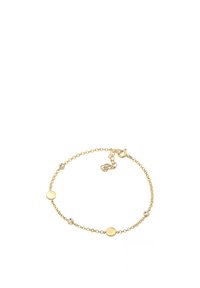 Bracciale in oro con accenti a disco rotondo e piccoli dettagli in cristallo, dotato di chiusura e lunghezza regolabile per una vestibilità personalizzabile.