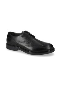 Scarpa da uomo in pelle nera con dettagli brogue, design allacciato, punta tonda e finitura in pelle strutturata. Suola robusta per una maggiore durata.