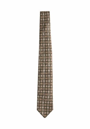 Langer gemusterter Schlips mit wiederholenden kreisförmigen Blumenmotiven in Beige und Braun auf olivgrünem Hintergrund.