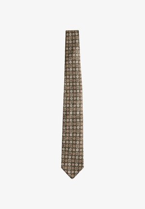 Longue cravate à motifs avec des motifs floraux circulaires répétés en beige et marron sur un fond vert olive.