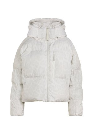 Veste d'hiver matelassée blanche avec capuche, fermeture éclair à l'avant et poche poitrine zippée, avec un motif léopard subtil.