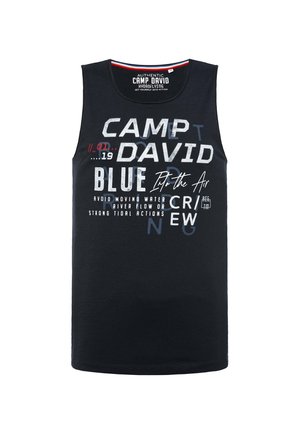 Black cotton tank top featuring a graphic design with the text "CAMP DAVID" and various phrases in white and red. Rounded neckline, no sleeves.