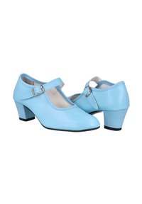 Zapatos sintéticos estilo Mary Jane en azul claro, con un tacón pequeño, punta redonda y una correa ajustable con una hebilla de metal.