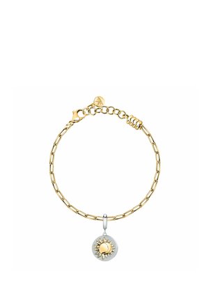 Bracciale a catena d'oro con chiusura regolabile e ciondolo in argento con un sole dorato dai raggi stilizzati su disco rotondo.