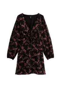 Vestido negro con mangas largas abullonadas, escote en V profundo y cintura fruncida. Presenta un patrón floral en tonos de rosa y verde.