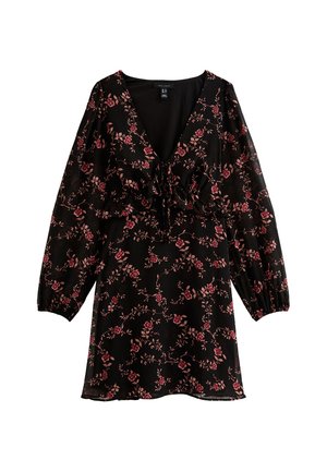 Vestido negro con mangas largas abullonadas, escote en V profundo y cintura fruncida. Presenta un patrón floral en tonos de rosa y verde.