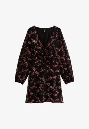 Vestido negro con mangas largas abullonadas, escote en V profundo y cintura fruncida. Presenta un patrón floral en tonos de rosa y verde.