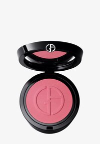 Compact de colorete redondo con una caja negra brillante, que presenta un polvo rosa en el interior con un logotipo grabado. Acabado texturizado y diseño elegante.