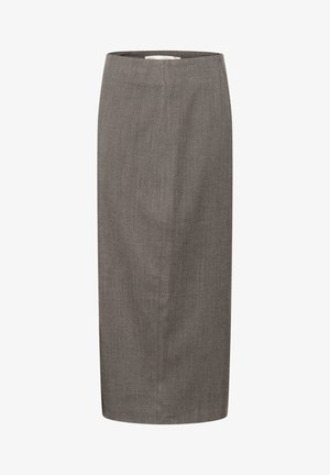 Gray houndstooth pencil skirt, mid-length, structured design, smooth texture, fitted silhouette, clean lines, no visible fastenings.