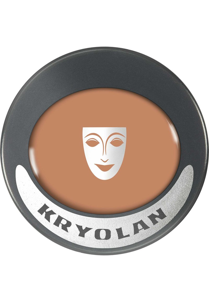 KRYOLAN Foundation in einer runden schwarzen Dose mit einer glänzenden beigefarbenen Oberfläche, die ein weißes Gesichts-Logo zeigt. Der Text auf der Unterseite lautet „KRYOLAN.“