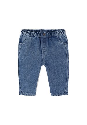 Blue toddler jeans with elastic waistband, front pockets, and a button closure, displayed on a white background.