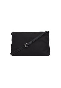 Borsa a tracolla nera realizzata in materiale liscio, caratterizzata da una forma piatta, una tracolla regolabile con fibbia e senza hardware o motivi visibili.