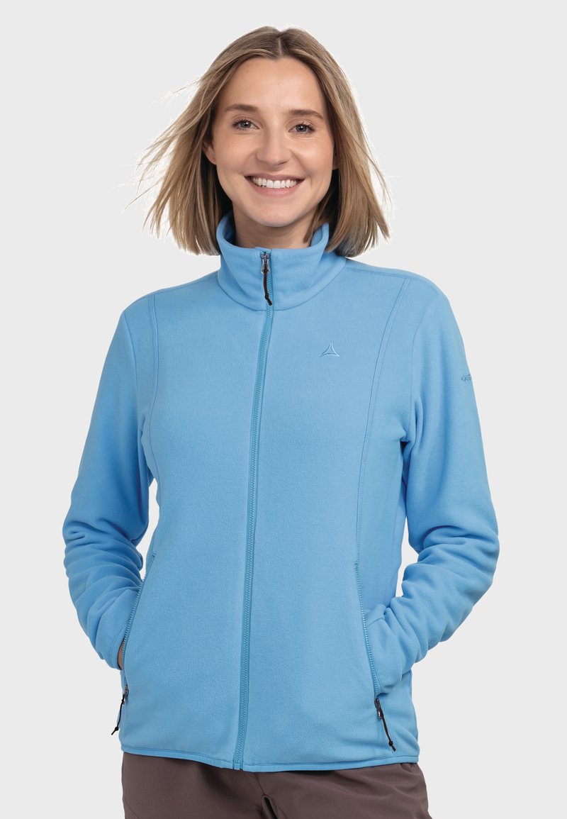 Hellblaue Fleecejacke mit hohem Kragen, durchgehendem Reißverschluss und Seitentaschen. Sie hat eine glatte Textur und dezente Logodetails.