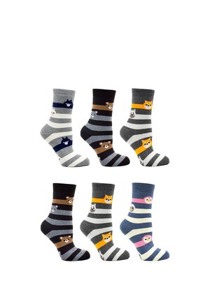 Six pairs of striped socks in gray, black, and blue tones, each featuring different animal faces: cat, bear, dog, and owl designs.