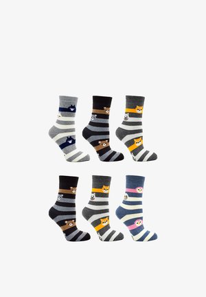 Six pairs of striped socks in gray, black, and blue tones, each featuring different animal faces: cat, bear, dog, and owl designs.