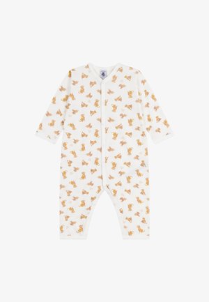 Bodysuit en coton blanc pour bébé avec des imprimés d'animaux marron, doté de manches longues, de boutons-pression à l'entrejambe et d'une fermeture éclair à l'avant pour un habillage facile.