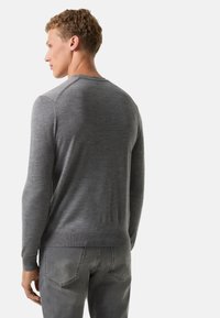 Grauer Rundhalsausschnitt-Pullover aus weichem Strickmaterial, mit langen Ärmeln und taillierter Passform, kombiniert mit dunkelgrauen Jeans.