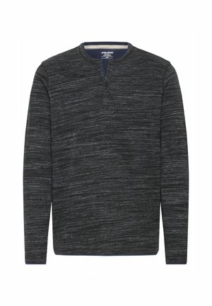 Long-sleeve, dark gray henley shirt with a textured, patterned fabric. Features three buttons at the neckline and a ribbed collar.
