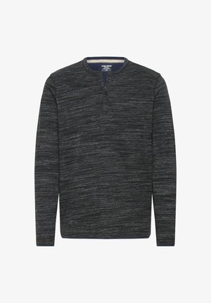 Long-sleeve, dark gray henley shirt with a textured, patterned fabric. Features three buttons at the neckline and a ribbed collar.