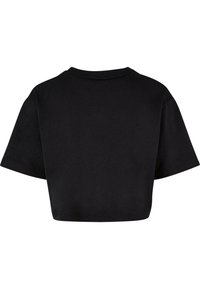 Tricou scurt negru, fabricat din bumbac. Prezintă mâneci scurte și largi și un guler rotund. Textură netedă, fără modele sau embellishments.