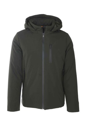 Giacca con cappuccio verde scuro con zip frontale completa e tre tasche con cerniera, due ai lati e una sul petto.