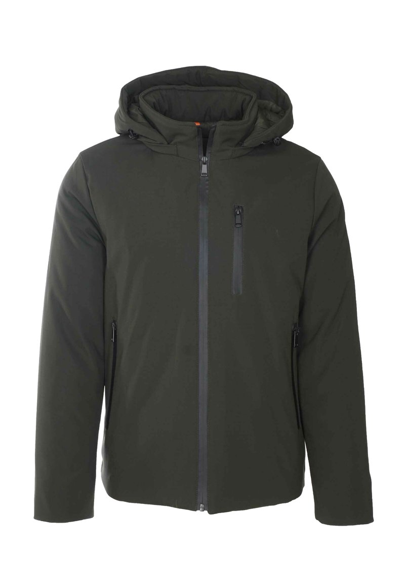 Giacca con cappuccio verde scuro con zip frontale completa e tre tasche con cerniera, due ai lati e una sul petto.