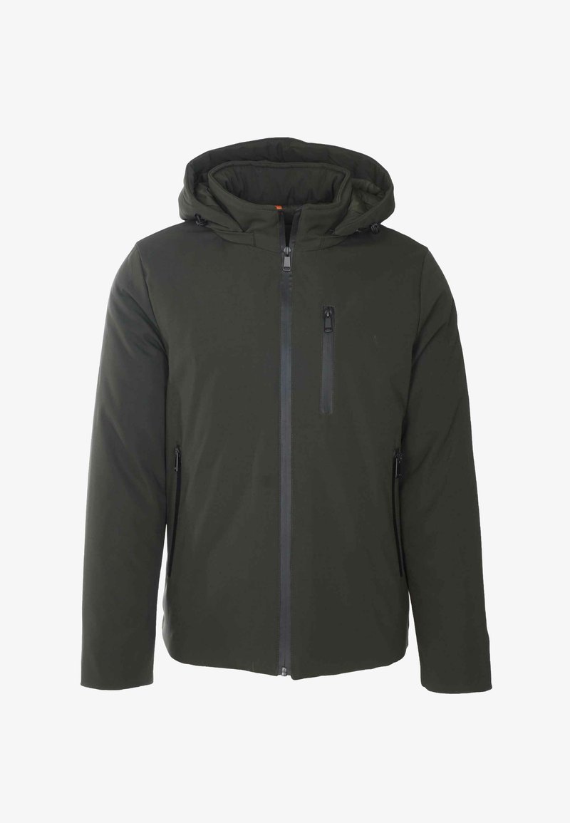 Giacca con cappuccio verde scuro con zip frontale completa e tre tasche con cerniera, due ai lati e una sul petto.