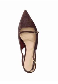 Pointed-toe slingback heel in burgundy hair-on-hide material. Features a cut-out design and an adjustable strap with a gold buckle.