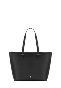 Czarna skórzana torba tote o fakturowanej powierzchni, z złotymi akcentami i dwiema długimi ramiączkami. Posiada zamknięcie na zamek błyskawiczny i prostokątny kształt.