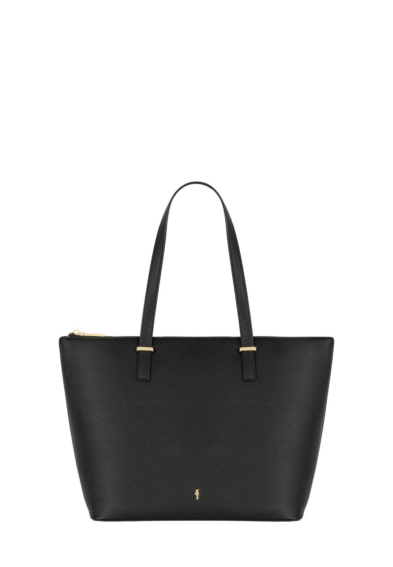 Czarna skórzana torba tote o fakturowanej powierzchni, z złotymi akcentami i dwiema długimi ramiączkami. Posiada zamknięcie na zamek błyskawiczny i prostokątny kształt.