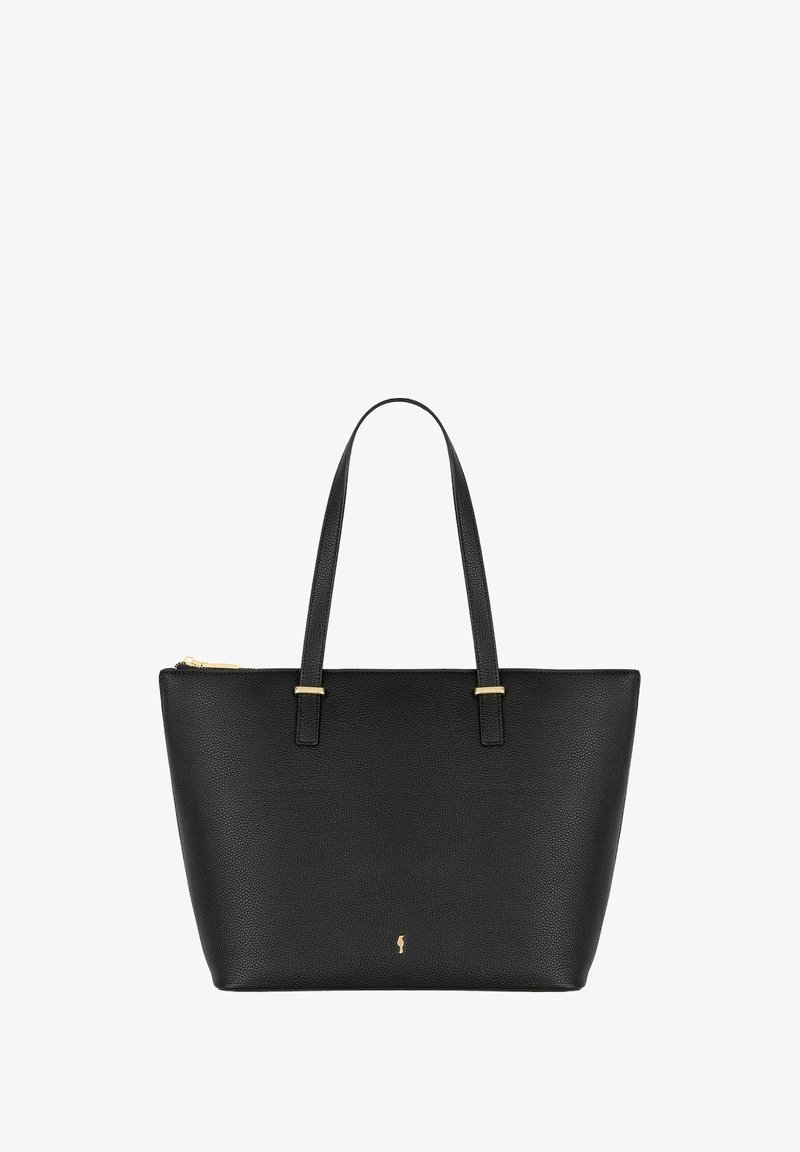 Czarna skórzana torba tote o fakturowanej powierzchni, z złotymi akcentami i dwiema długimi ramiączkami. Posiada zamknięcie na zamek błyskawiczny i prostokątny kształt.