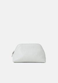 Gray textured leather cosmetic bag with a curved zipper closure and subtle branding embossed on the surface. Compact and streamlined design.
