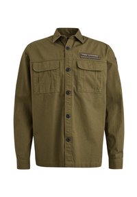 Camicia verde oliva con bottoni, realizzata in tessuto testurizzato, con due tasche sul petto, un'etichetta sul lato sinistro e bottoni neri.