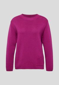 Fuchsia gerippter Pullover mit Rundhalsausschnitt, langen Ärmeln und einer kleinen Vordertasche. Hergestellt aus einem strukturierten Stoff mit einem horizontalen Muster.