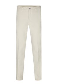 Pantaloni in cotone beige con vestibilità slim, dotati di chiusura con zip frontale, dettaglio con bottone e tasche su entrambi i lati. Texture liscia e gambe dritte.