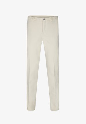 Beige Baumwollhose mit schmalem Schnitt, mit einem Reißverschluss vorne, Knopfdetails und Taschen auf beiden Seiten. Glatte Textur und gerade Beine.