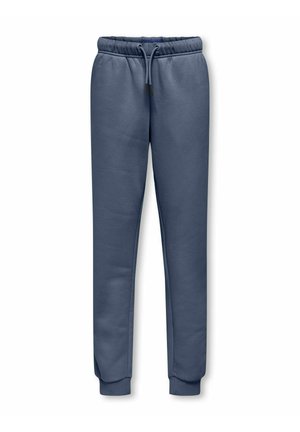 Navy blue sweatpants made of soft fabric, featuring an elastic waistband with drawstring, and ribbed ankle cuffs.