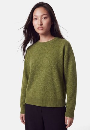 Jeune femme aux longs cheveux foncés, portant un pull en tricot vert et un pantalon noir, debout devant un fond clair uni.