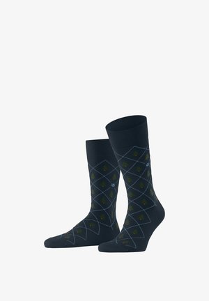 Marineblaue Knöchelsocken mit Diamantmuster und grünen Blumenelementen. Hergestellt aus einem weichen Material mit einem gerippten Saum für zusätzlichen Komfort.