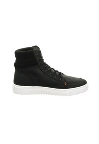 Zwarte mid-top sneakers van glad en gestructureerd leer, met een witte rubberen zool, vetersluiting en een gevoerde kraag.